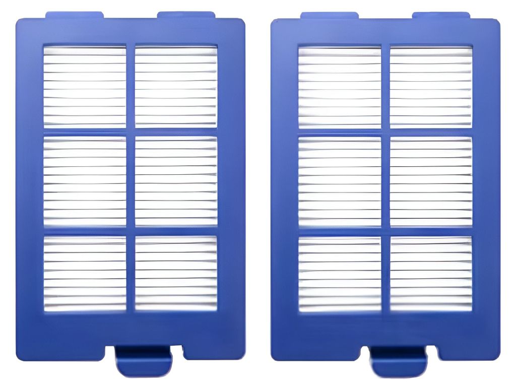 Two blue vacuum cleaner filters are shown side-by-side on a white background.