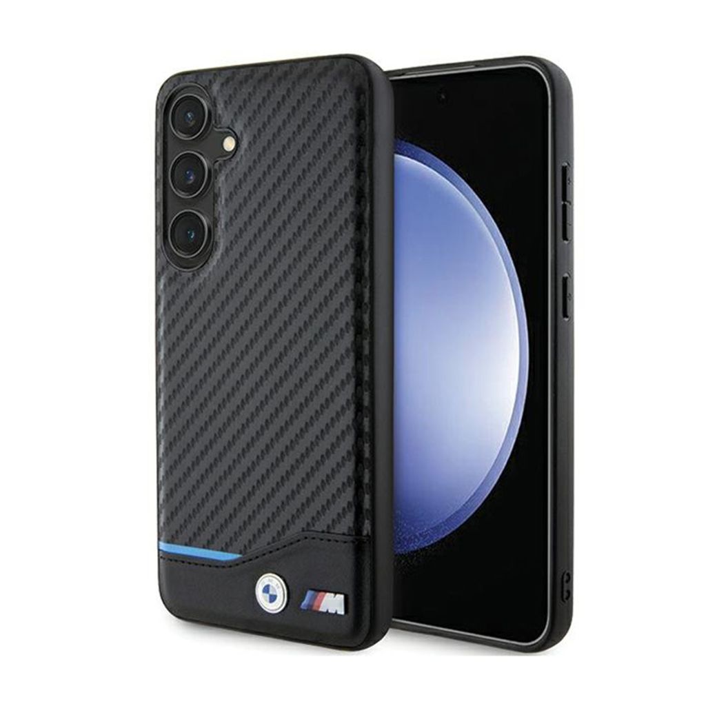 A smartphone case with a carbon fiber texture and BMW branding, shown from the back and side.