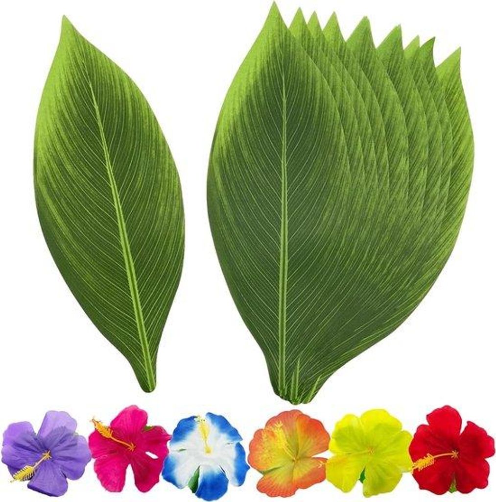 Kunstmatige palmblätter 40 x 15 cm - 15 Stück tropische Blätter - 15 Hibiscusblumen - Tafeldekoration - Strand- und Bräutafel - Tropisches Thema