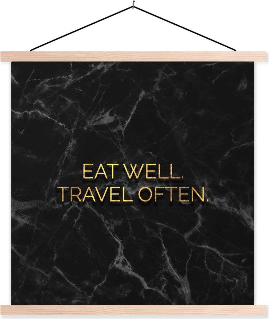 MuchoWow Textilposter Zitat - Essen - Reisen - Gold 60x60 cm mit holzfarbenen Rahmen - Wanddekoration