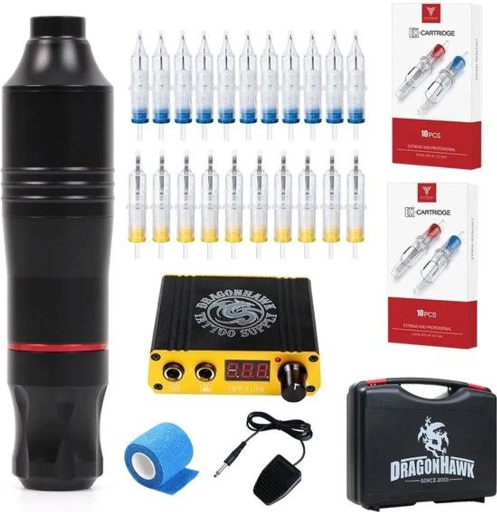 Dermographe rotatif noir avec set de 20 aiguilles de traçage