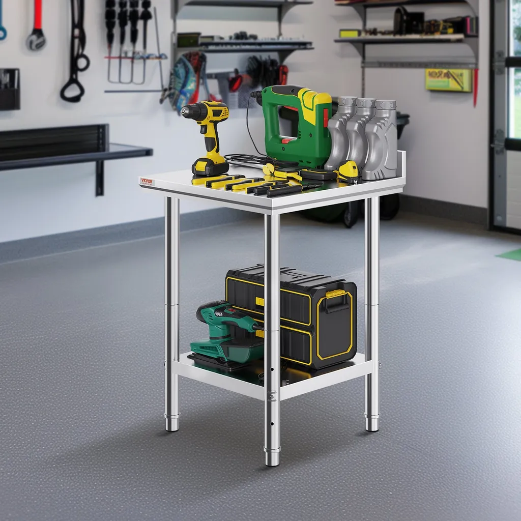 Piano di lavoro in acciaio inox 60 cm x 60 cm Tavolo per la preparazione dei cibi con alzatina per la preparazione dei pasti, il cucito, il lavaggio, l'artigianato, l'uso in garage, ecc. - 8