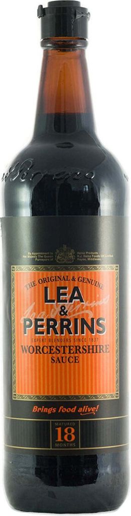 A bottle of Lea & Perrins Worcestershire Sauce.
