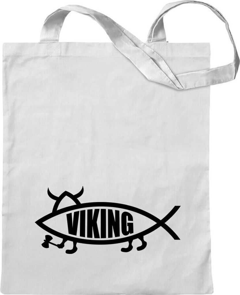 Kiwistar - Baumwolltasche - weiss - Viking Fisch - Tragetasche Stoffbeutel Umhängetasche Langer Henkel