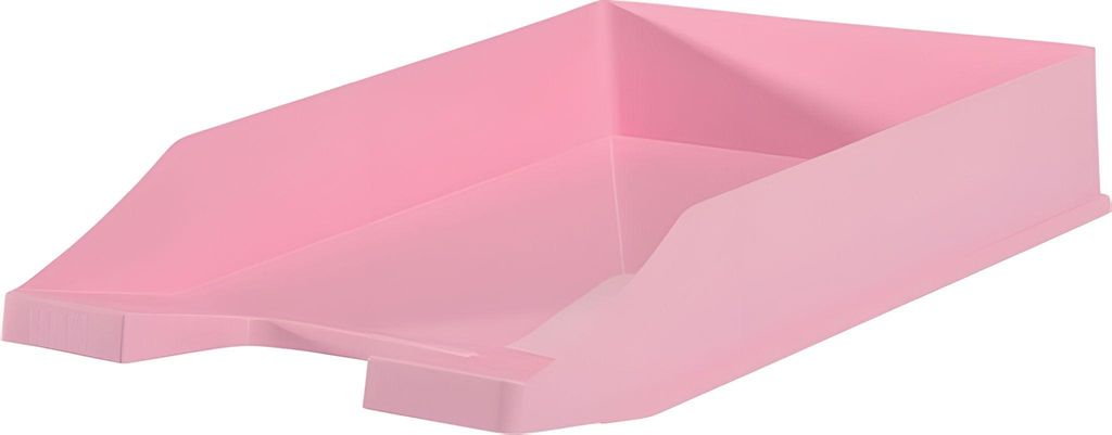 A pink plastic document tray on a white background.