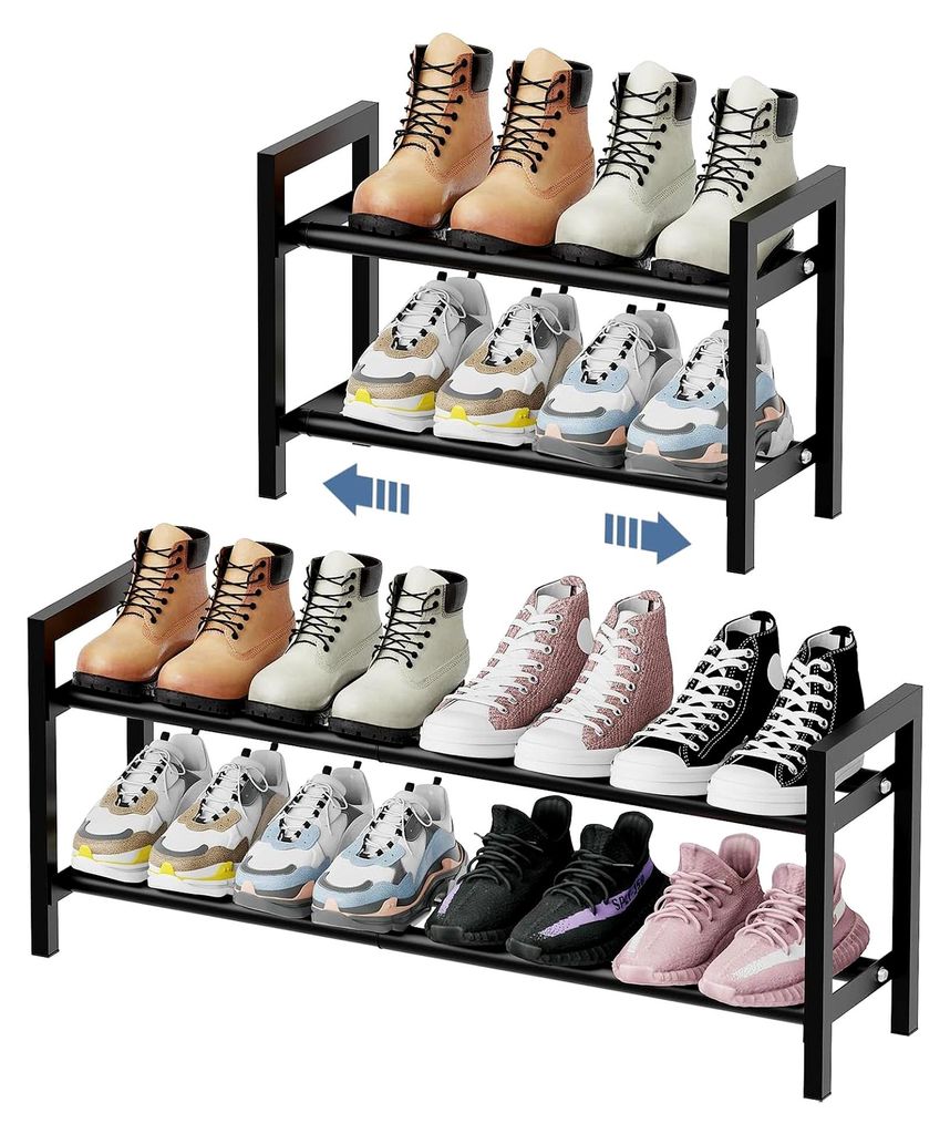 Schuhregal mit 2 Ebenen, erweiterbar für Schrank, 48 x 82 cm, verstellbares Schuhregal aus schwarzem Metall für Haustür, Eingang, Schrank, klein...
