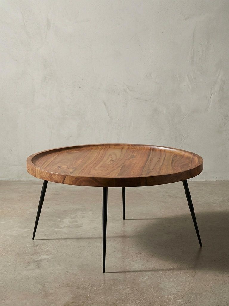 Industrial-Stil Couchtisch, Runde Holzplatte, Metallbeine, handgefertigt, pflegeleicht. 75x75x39 cm | Kadima Design