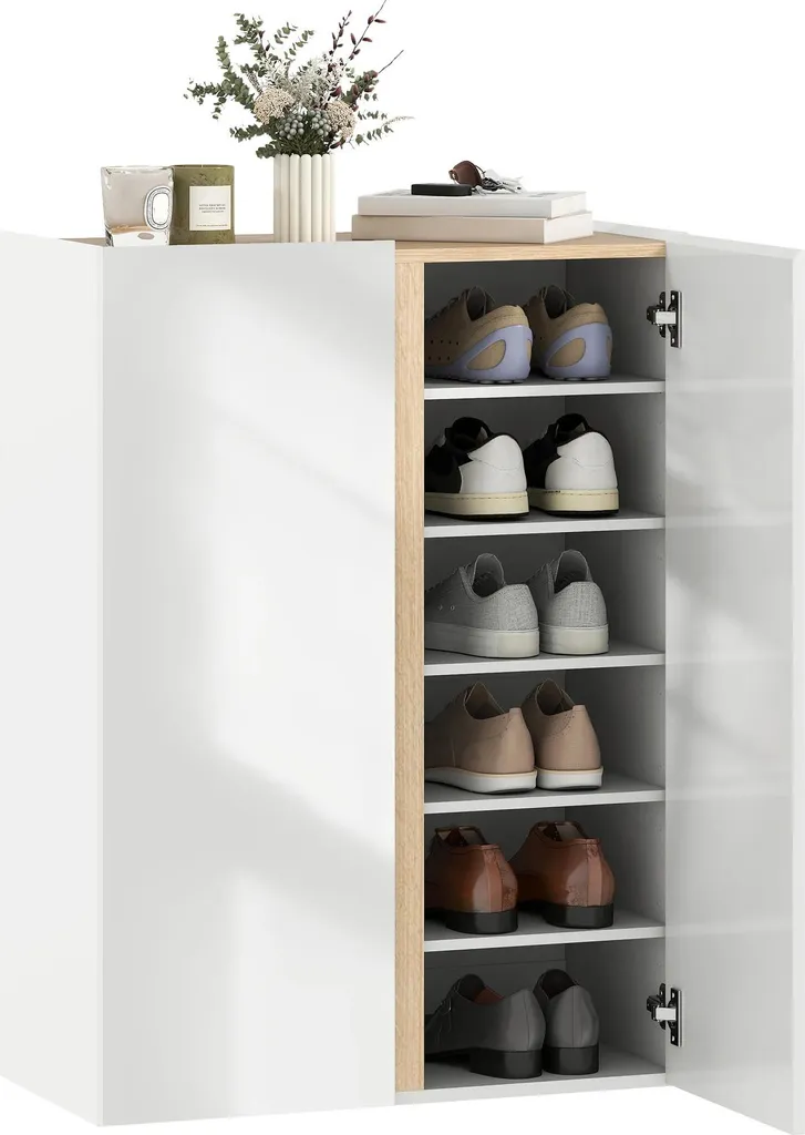 Armoire à chaussures 6 niveaux avec portes blanches brillantes 70x33,5 cm
