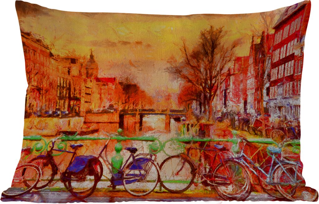 MuchoWow Outdoor Kissen - Gemälde - Fahrrad - Amsterdam - Gracht - Öl - 60x40 cm - Wetterfest - Lounge Kissen - Zierkissen - Kissen für Innenr...
