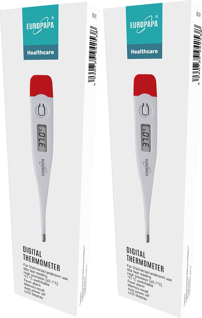 EUROPAPA 2 Stück Digitales Fieberthermometer für Babys, Kinder und Erwachsene, Thermometer für oral, axillar oder rektal, wasserdicht mit Fieber...