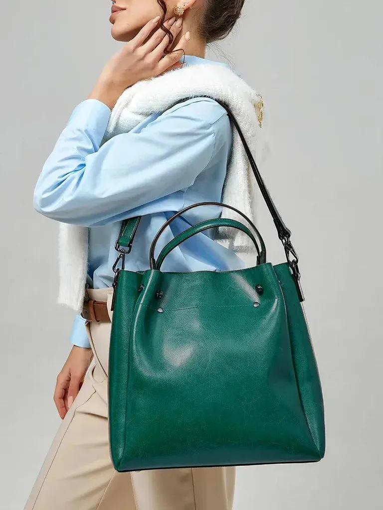 Grand sac cabas Aster en cuir véritable vert - Sac à main chic femme - 9