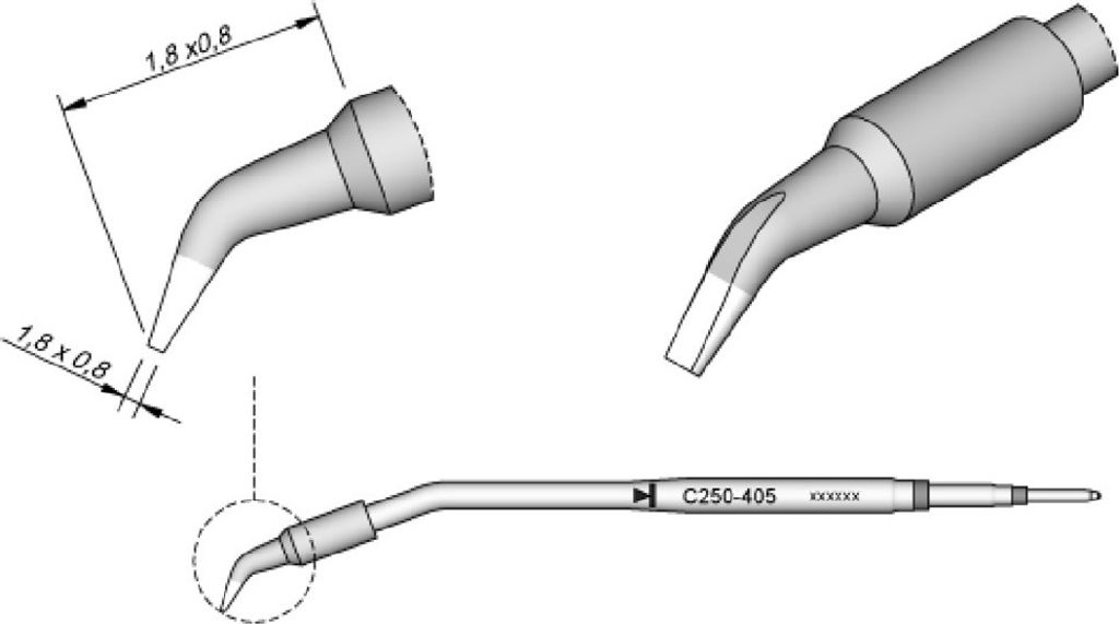 JBC Lötspitze Serie C250, Meißelform, C250405/1,8 x 0,8 mm, gebogen C250405