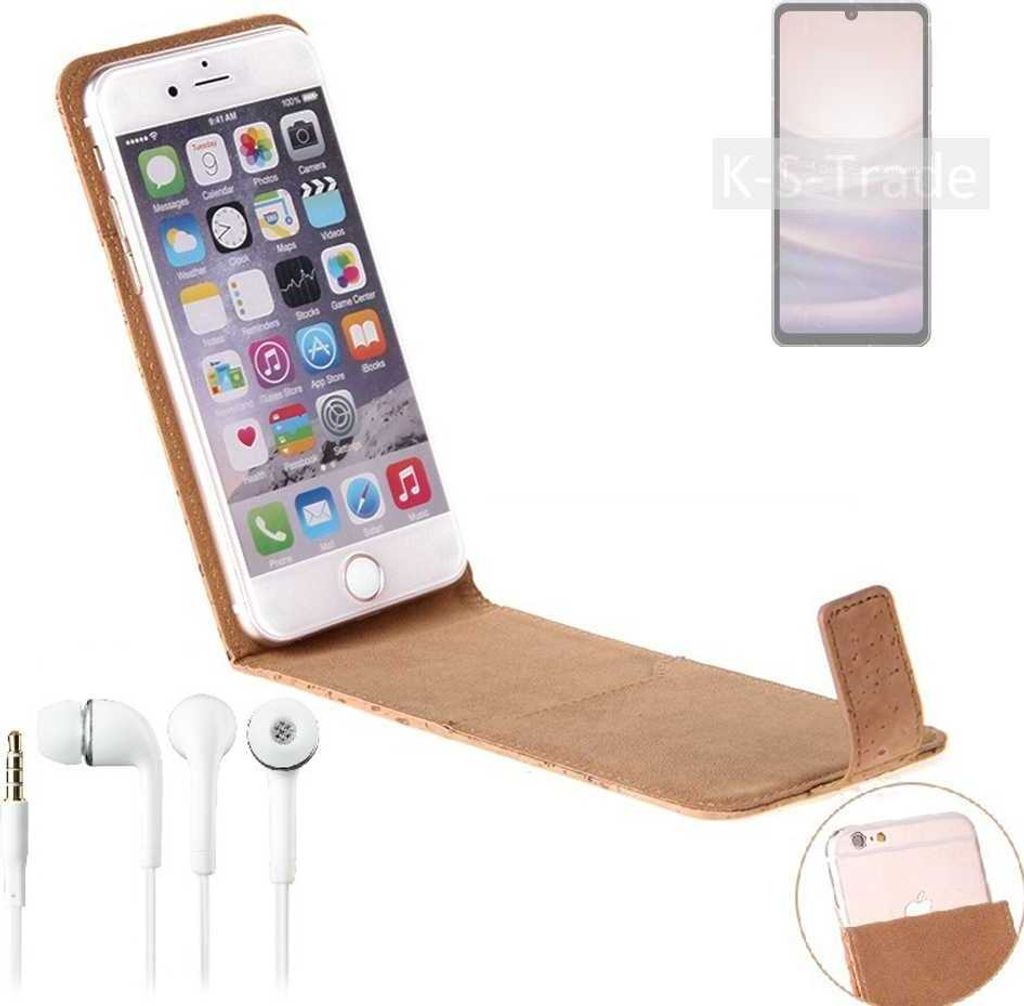 K-S-Trade Schutzhülle mit Kopfhörer kompatibel mit Sharp Aquos Sense7 Handyhülle Cover Kork Tasche Flipstyle Case