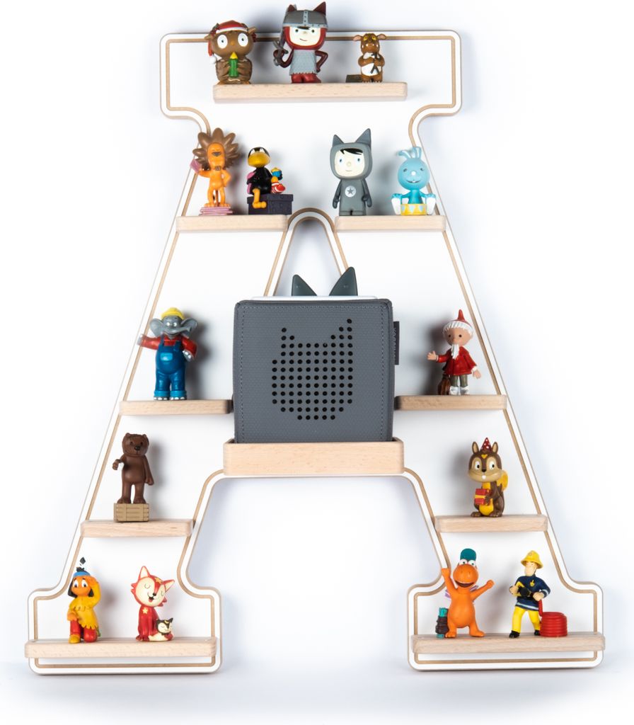 BOARTI Kinderregal Buchstabe A | hängend für Toniebox und Tonie Figuren | platzsparendes Regal | H. 54 x B. 49 x T. 19 | Wandregal Musikbox Figur...