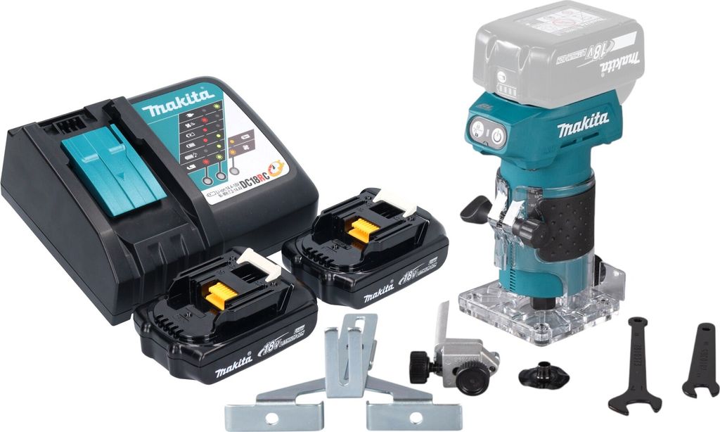 Makita DRT 52 RY Akku Kantenfräse 18 V 6 mm Brushless + 2x Akku 1,5 Ah + Ladegerät