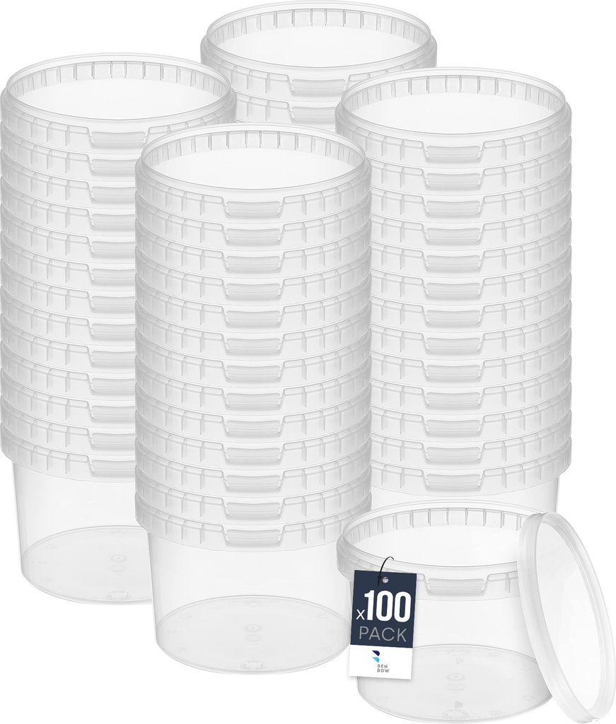 BenBow Eimer mit Deckel 5L x100 Transparent - lebensmittelecht, stabil, luftdicht, auslaufsicher, geruchsneutral - Plastikeimer mit Henkel – leer
