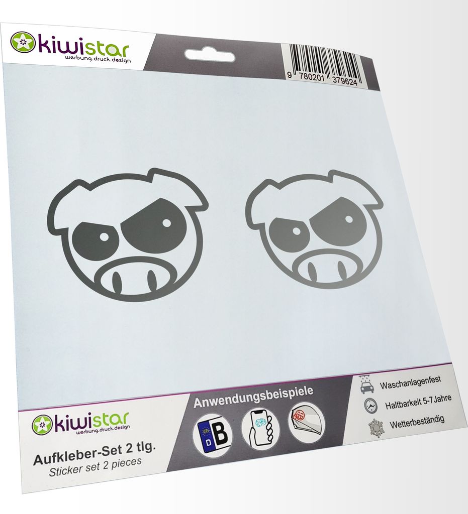 Kiwistar - 2x Kennzeichenaufkleber - silber - 21 mm Wütendes Schwein - Angry Pig - Autoaufkleber - Aufkleber für Auto, Laptop, Fahrrad, LKW, Moto...