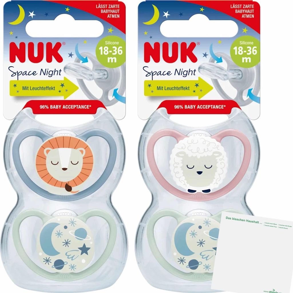 NUK Space Night Schnuller mit Leuchteffekt 6-18m Keine Motivwahl (1 Stück) + usy Block