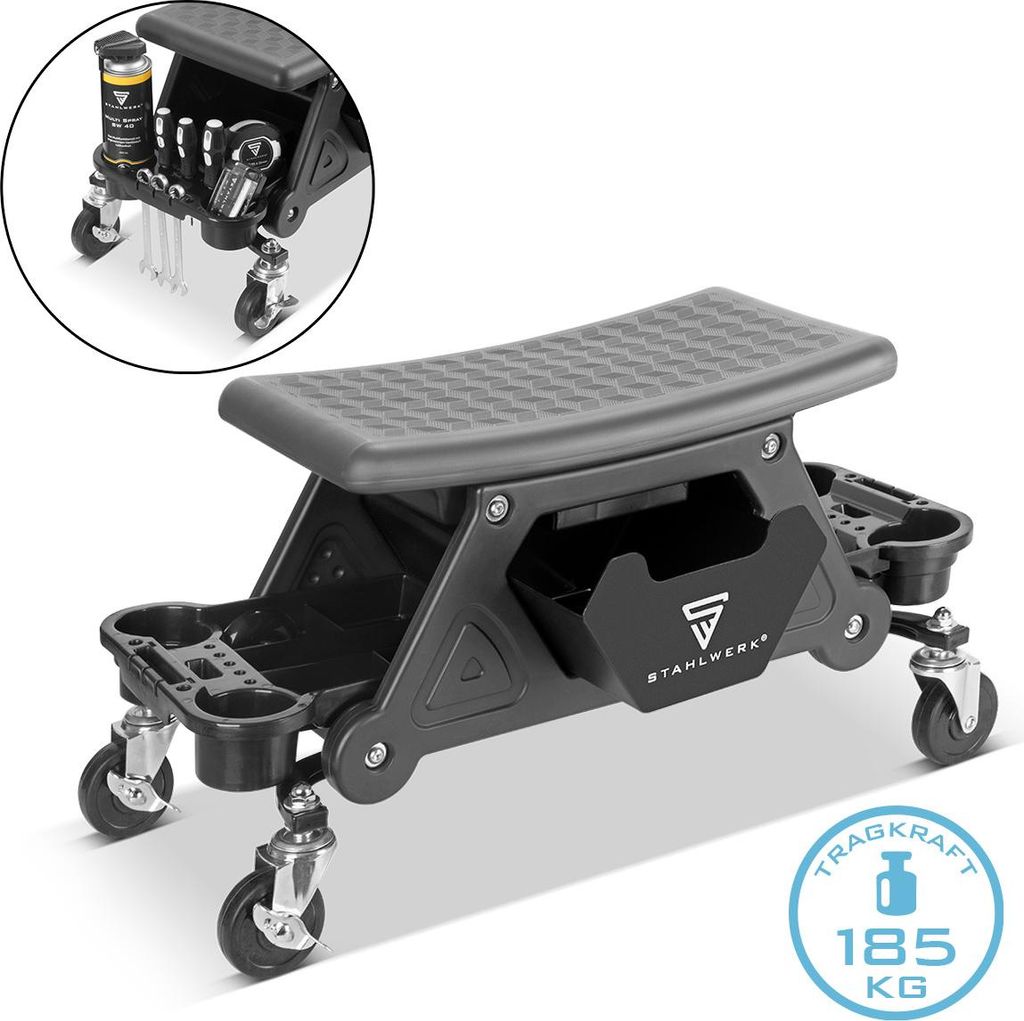A black rolling mechanic's stool with tool storage compartments and wheels, shown on a white background. A circular inset shows a close-up of the tool storage area.