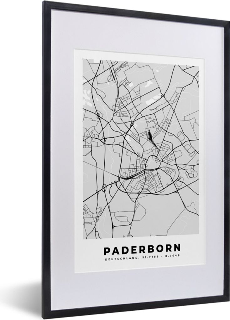 MuchoWow Gerahmtes Poster Karte - Paderborn - Deutschland - Stadtplan - Karte 40x60 cm - Poster mit Schwarzem Bilderrahmen Wandposter Rahmen Foto...