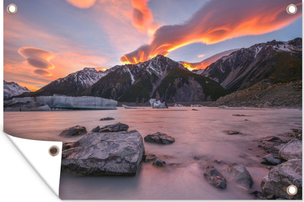 MuchoWow 90x60 cm Outdoor-Poster Gartendeko Sichtschutz Garten Poster für den Garten Sonnenaufgang am Tasman Lake und Mount Cook in Canterbury,...