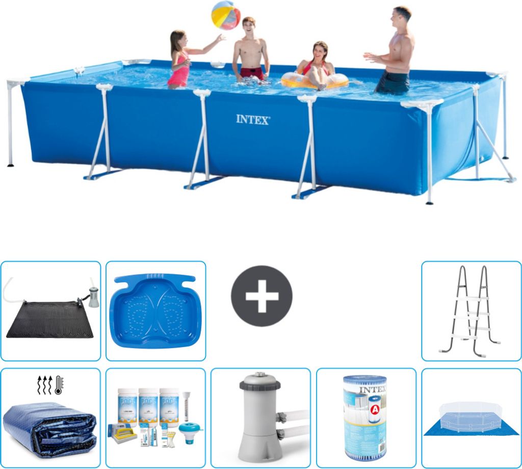 Intex-Schwimmbecken mit rechteckigem Rahmen – 450 x 220 x 84 cm – Blau – im Lieferumfang enthalten Sonnensegel - Wartungspaket - Filterpumpe ...