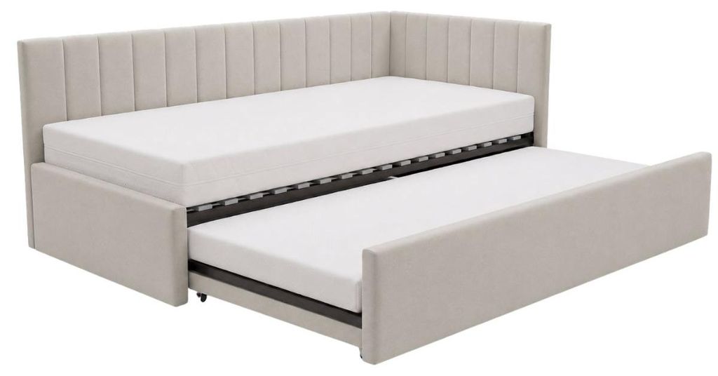 Kinderbett Alvin 01 90x200 - Jugendbett mit einer Schublade und zwei Liegeflächen - Einer Matratze T28-30 - Weich Riviera-Stoff - Beige, Links