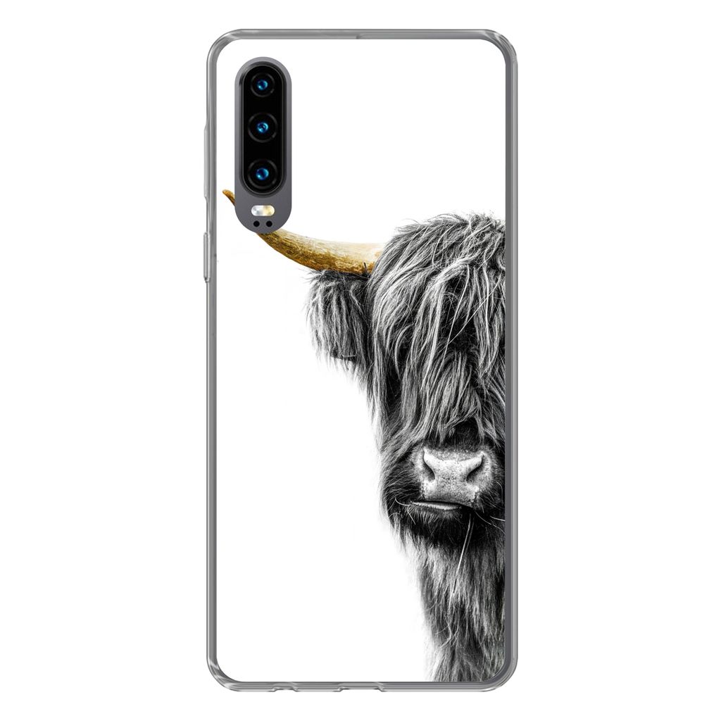 MuchoWow Handyhülle Schutzhülle Hülle für Huawei P30 Schottischer Highlander - Tiere - Schwarz und Gold Silikon Softcase Handy Hülle - Karte...