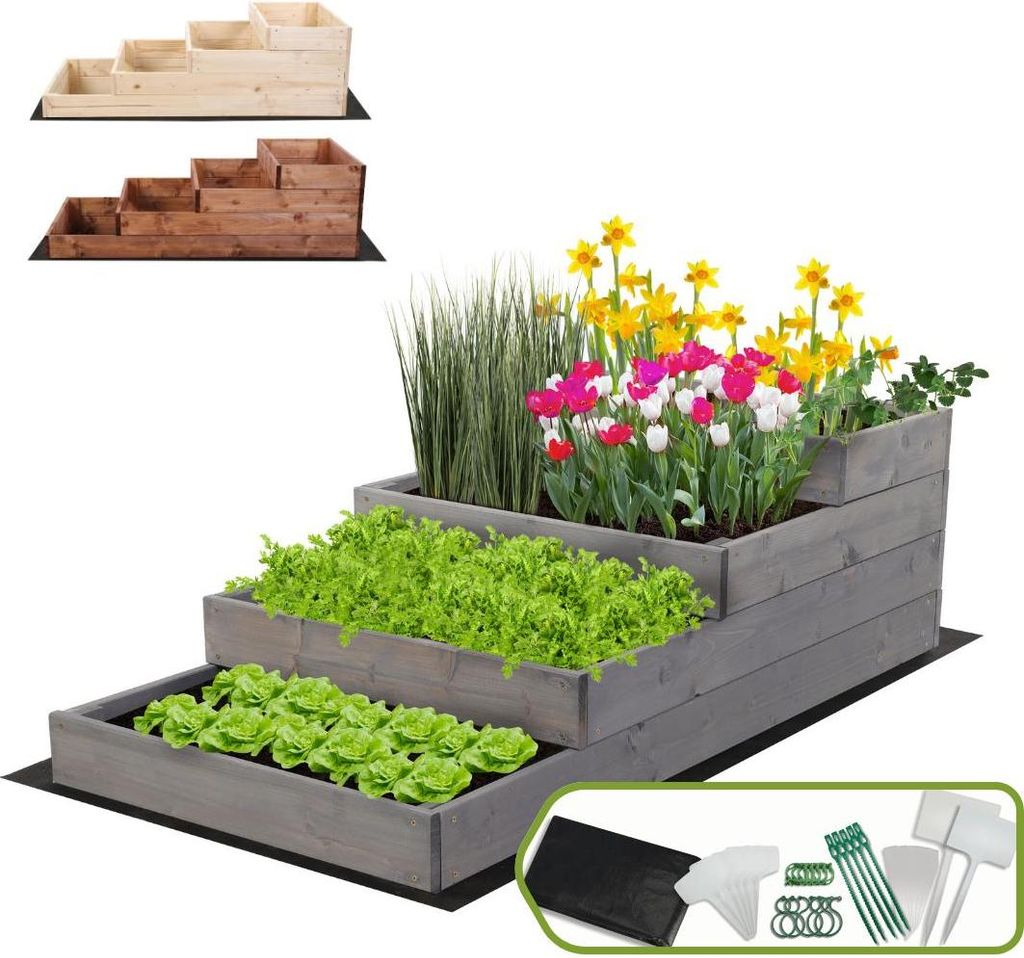 MODO24 Hochbeet Holz, Pflanzkasten, Massivholz, Kiefer, Kräuterbeet, Blumenkasten, Garten, Terrasse, 36x60x120 cm, Grau, ZP07
