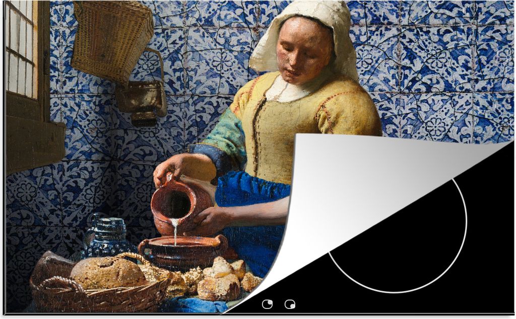 KitchenYeah Herdabdeckplatte Milchmädchen - Delfter Blau - Vermeer - Gemälde - Alte Meister , 81x52cm, Küche Deko, Glaskeramikkochfeld Herdabd...