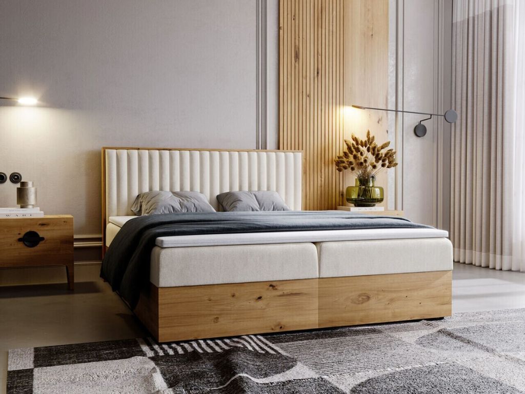 GrainGold Boxspringbett Forest 180x200 cm - Bett 180x200, Kontinentalbett mit Bettkasten - Doppelbett mit Matratze - Beige (Monolith 04)