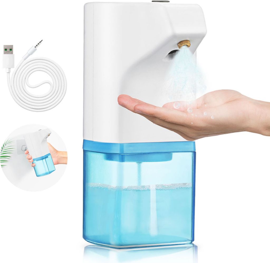 An automatic disinfectant dispenser spraying liquid onto a person's hand, with a USB charging cable and a smaller inset image showing the dispenser mounted on a wall.