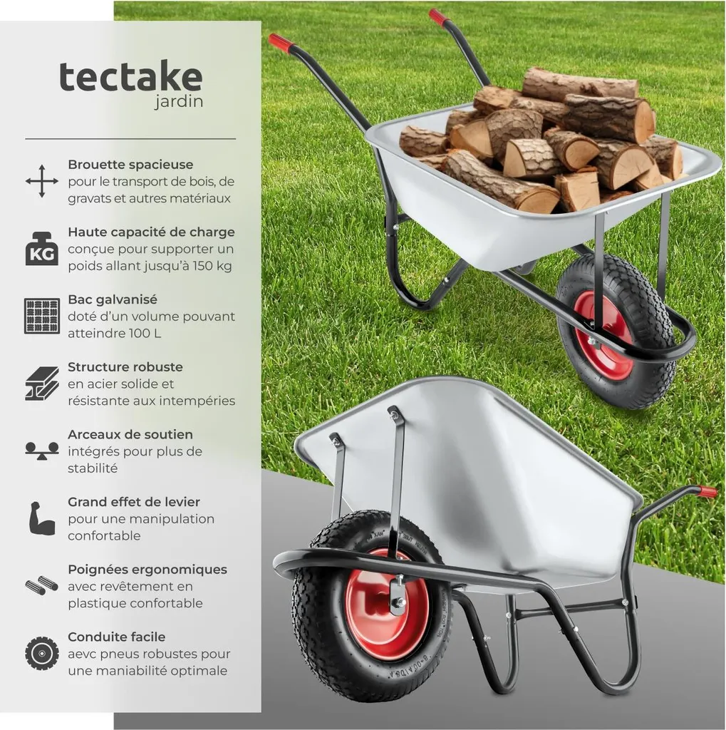 Brouette de jardin Oskar acier robuste roue gonflable finition argent