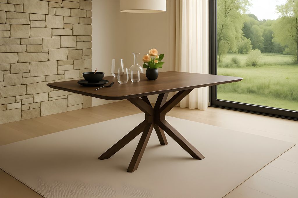 Esstisch 140 x 80 cm Akazie kastanienfarbig Schweizer Kante & abgerundete Ecken Spider-Gestell Holz kastanienfarbig ROBERTO