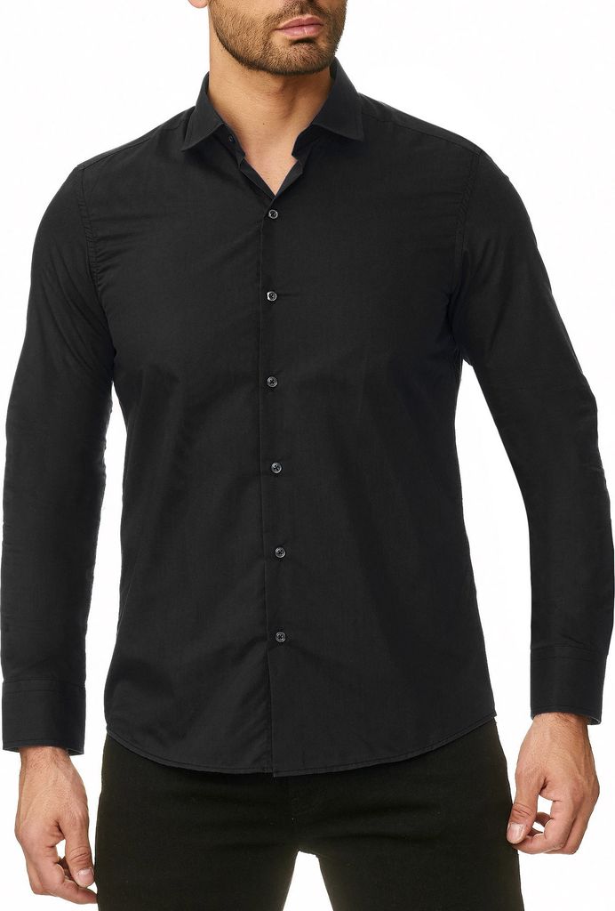 Reslad Herren Hemd Kentkragen Unicolor Langarmhemd RS-7002 Schwarz 2XL