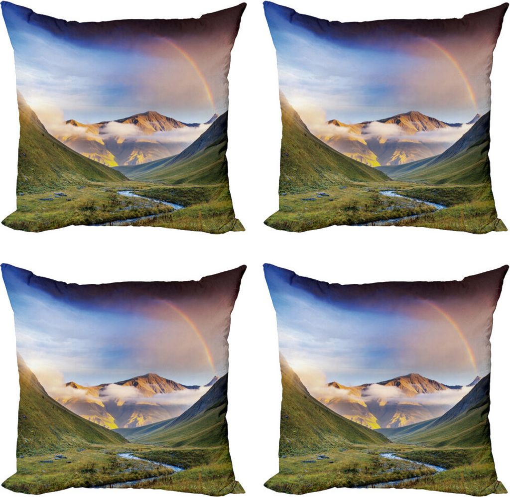 ABAKUHAUS Landschaft Kissenbezug Set (4 Stück), Meadow Riverbed Mist, Moderner Doppelseitiger Digitaldruck, 40 cm x 40 cm, Mehrfarbig