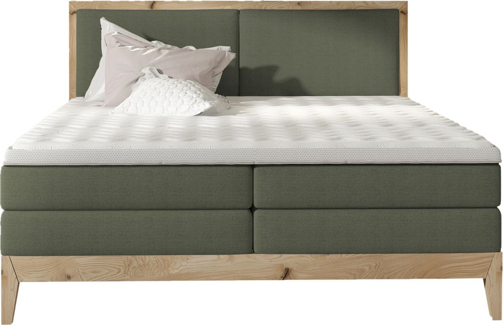 Schlafzimmer Bett Kontinentalbett – IDA Boxspringbett Mit Eiche Massivholz, 7-Zonen-Taschenfederkern, Kaltschaum Topper, Beleuchtung | 160x200 cm...