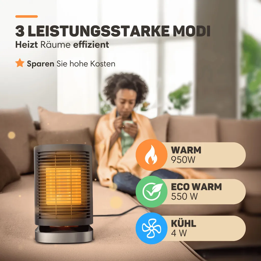 Chauffage d'appoint électrique en céramique 950W avec oscillation 70° - 2