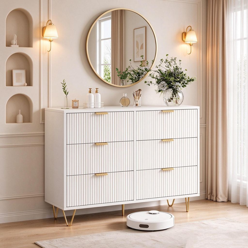 INONEFT Kommode mit 6 Schubladen, Sideboard mit Golden Produktbild 