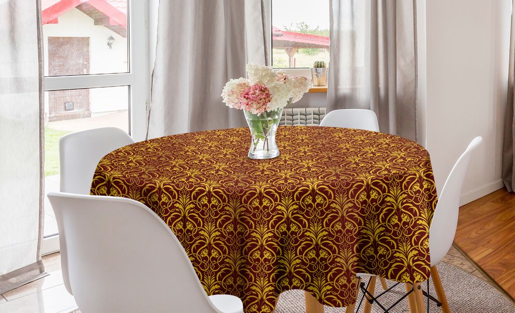 ABAKUHAUS Gelbes Damast Runde Tischdecke, Venetian Blätter, Kreis Tischdecke Abdeckung für Esszimmer Küche Dekoration, 150 cm, Erde Gelb Burgundy
