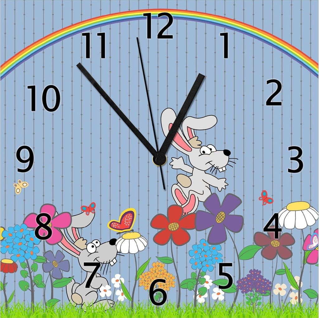 Wallario Design Wanduhr Süße Hasen unter einem Regenbogen aus Echtglas, Größe 30 x 30 cm