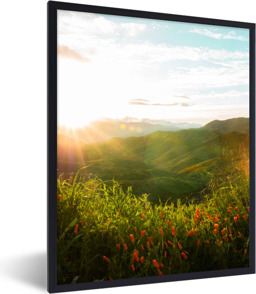 MuchoWow Gerahmtes Poster Hügel - Sonnenuntergang - Gras - Grün 60x80 cm - Poster mit Schwarzem Bilderrahmen Wandposter Rahmen Foto Bilder - Pr...