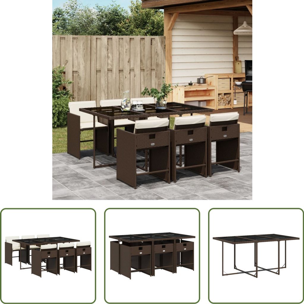 The Living Store 7-tlg. Garten-Essgruppe mit Kissen Braun Poly Rattan