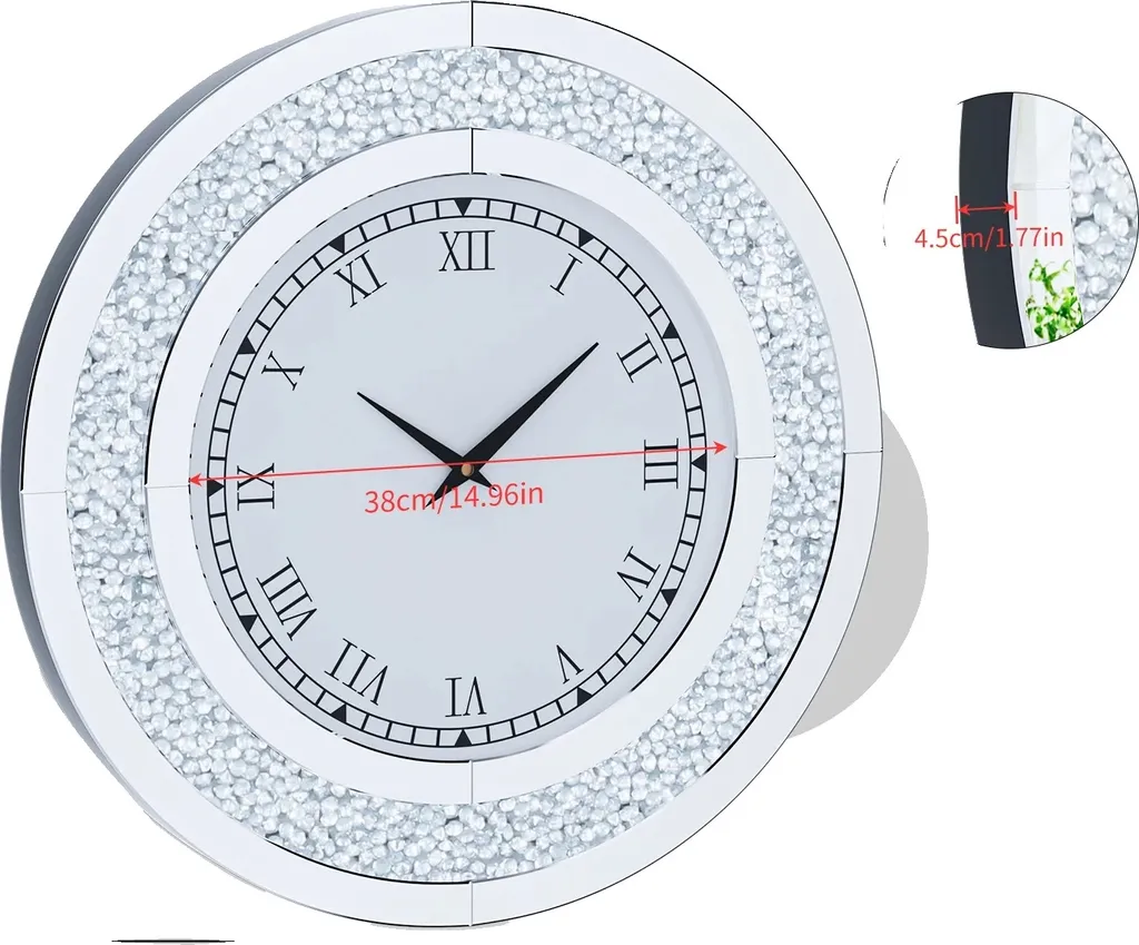 Horloge ronde 60cm Sparkle Argent : Finition Diamant et Mouvement Quartz