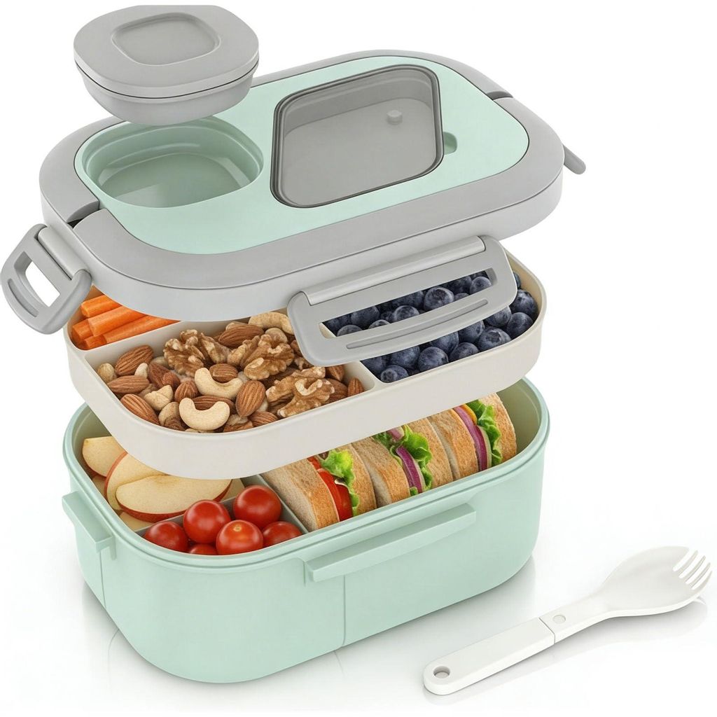 Lunchbox mit Fächern, 1200 ml Bento-Lunchbox mit Fächern, Lunchbox, Frühstücksbox mit Butterdose und Besteckfach, Lebensmittelbox mit Griffen f...
