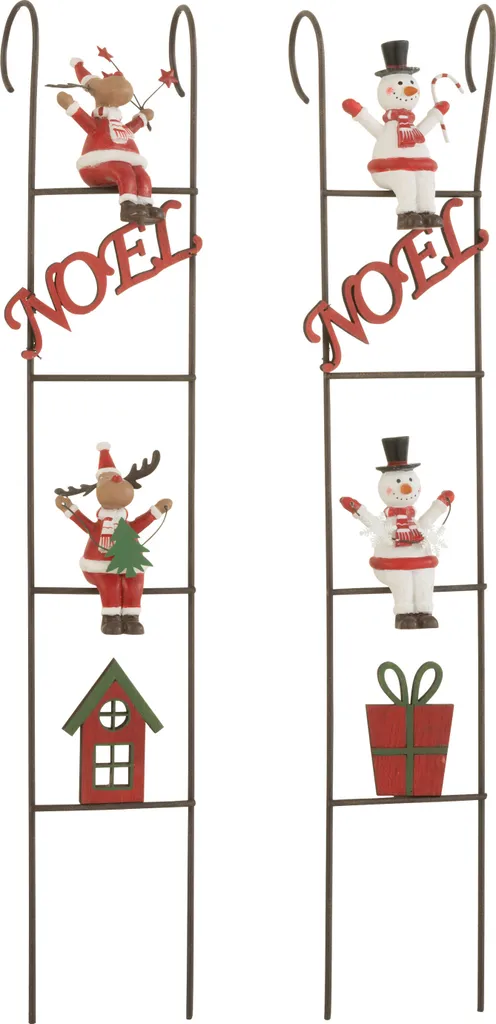 J-Line Echelle Déco Renne et Bonhomme de Neige en Métal - Mix 2 Assortis