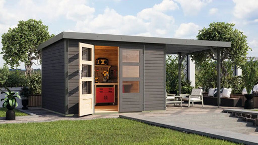 Gartenhaus Karibu Metalwood 5B Blech graualu inkl. Anbaudach 2,35 m 541,5 x 266,5 cm terragrau