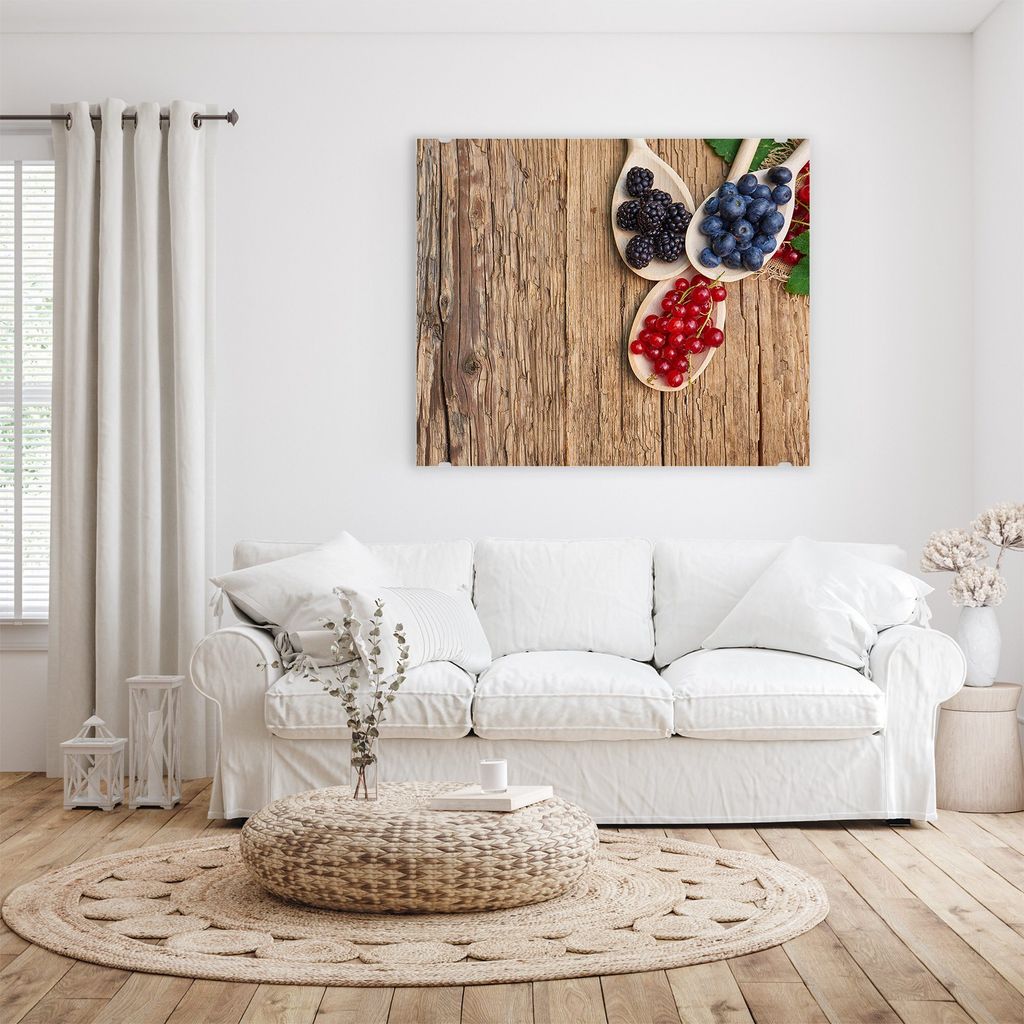 Glasbild Wandbild Beeren auf Holztisch 60x50cm in XXL für Wohnzimmer, Schlafzimmer, Badezimmer, Flur