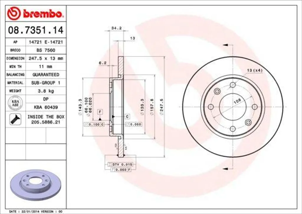 Disque de Frein Brembo 08.7351.14 pour Entretien Système Freinage Xsara
