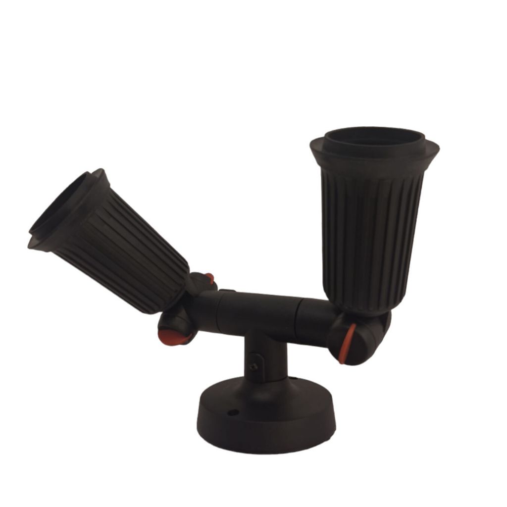 A black, two-headed outdoor light fixture with adjustable heads.